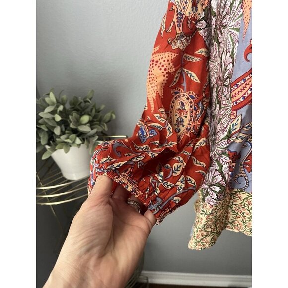 Anthropologie Mixed Print Blouse Long Sleeve Tassels Dropped Yoke LARGE Stunning - Picture 5 of 6